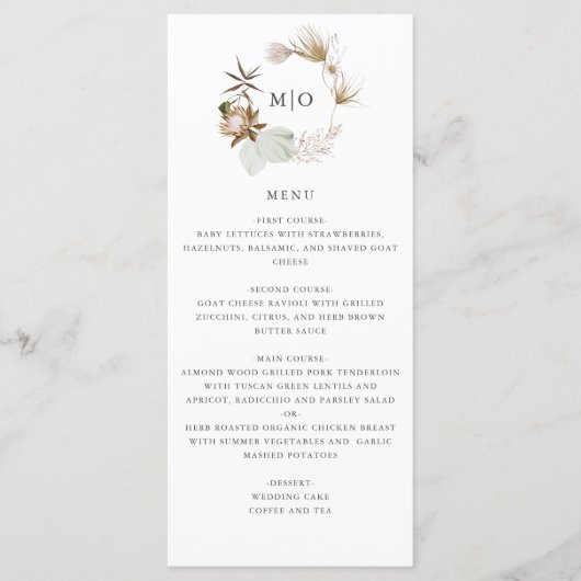 Mooie Boho Botanische Bruiloft Menu Kaart (Voorkant)
