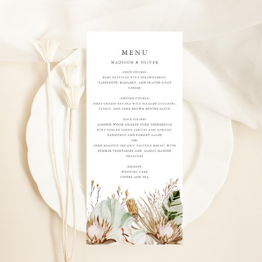 Mooie Boho Botanische Bruiloft Menu Kaart