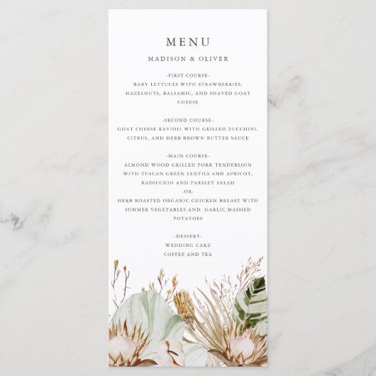 Mooie Boho Botanische Bruiloft Menu Kaart (Voorkant)