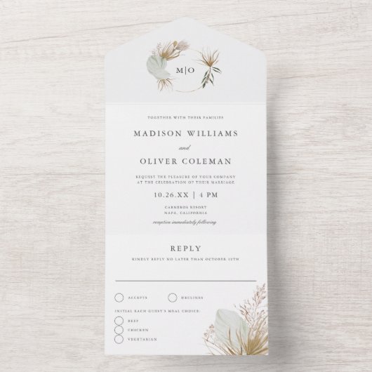 Mooie Boho Botanische Monogram Bruiloft All In One Uitnodiging (Binnen)