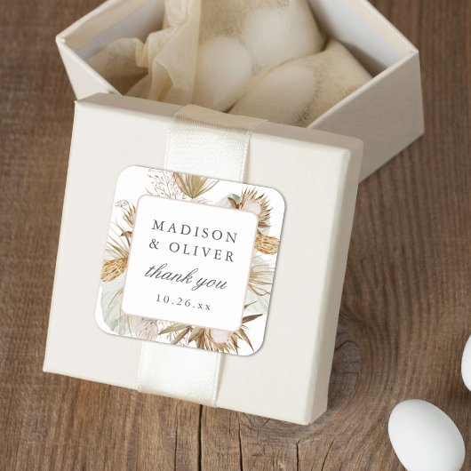 Mooie Boho Botanische Witte Bruiloft Favor Vierkante Sticker