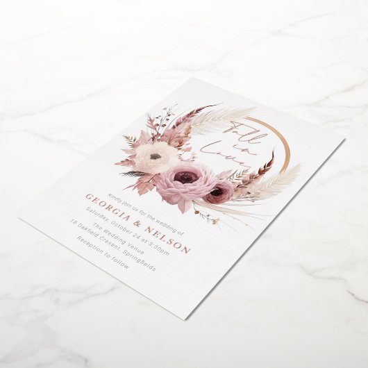 Mooie Boho Herfst Bruiloft Roze Goud Folie Uitnodiging (Gedraaid)