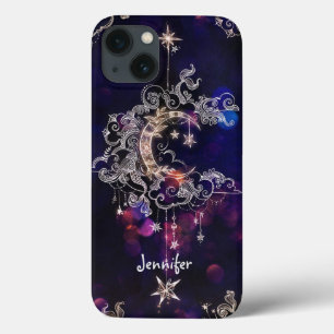 Mooie Boho Moon Stars Blauwe Paarse Aangepaste Tek iPhone 13 Hoesje