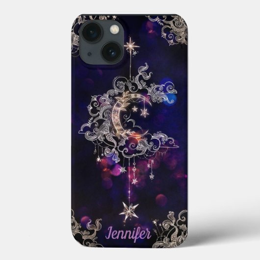 Mooie Boho Moon Stars Blauwe Paarse Aangepaste Tek Case-Mate iPhone Case (Achterkant)