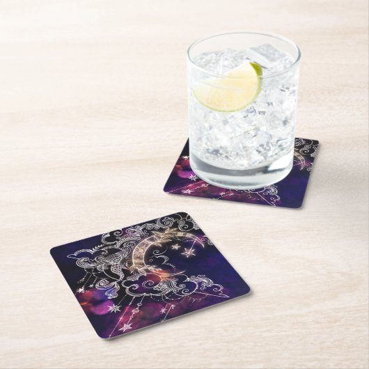 Mooie Boho Moon Sterren Blauw Paarse Kartonnen Onderzetters (Insitu)