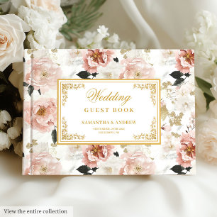 Mooie boho roos gouden bloemen bruiloft gastenboek