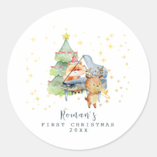 Mooie bosdieren Baby's eerste kerst foto Ronde Sticker