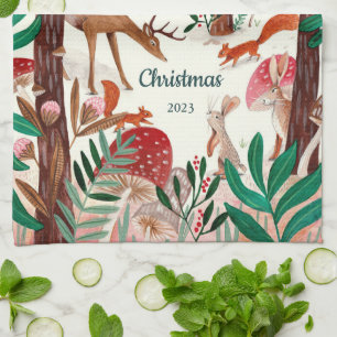 Mooie bosdieren Kerstwoud Theedoek