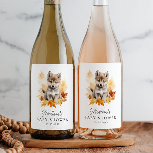 Mooie boswolf herfst babyshower wijn etiket