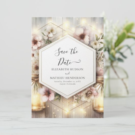 Mooie Botanische Mason Jar bruiloft Save The Date (Staand voorkant)