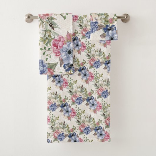 Mooie botanische roze en blauwe bloemen bad handdoek (Insitu)