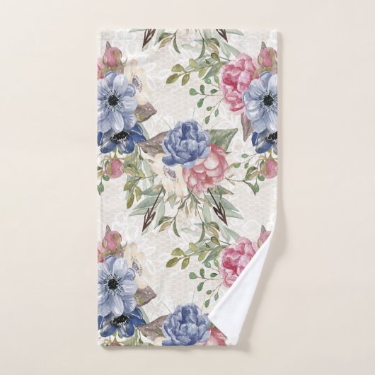 Mooie botanische roze en blauwe bloemen bad handdoek (Handdoek)