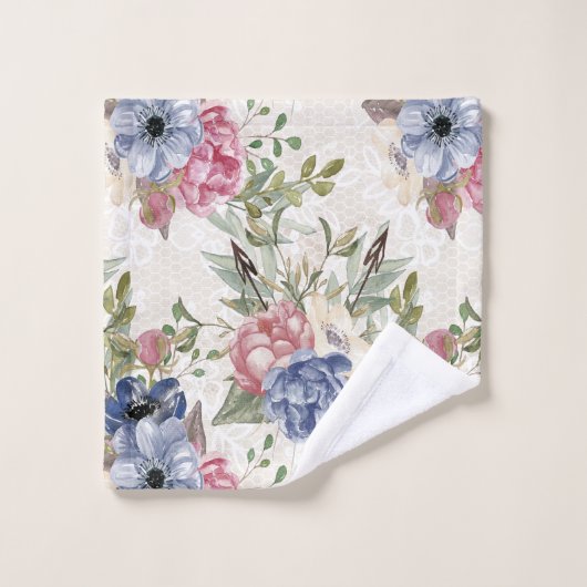 Mooie botanische roze en blauwe bloemen bad handdoek (Wasdoekje)