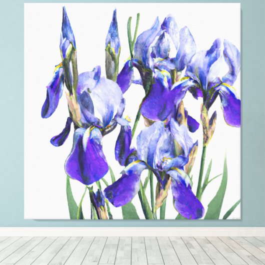 Mooie botanische Waterverf Blue Iris Flowers P Canvas Afdruk (Insitu (Houten vloer))