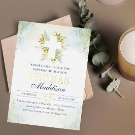 Mooie botanische witte kruis doop folie uitnodiging