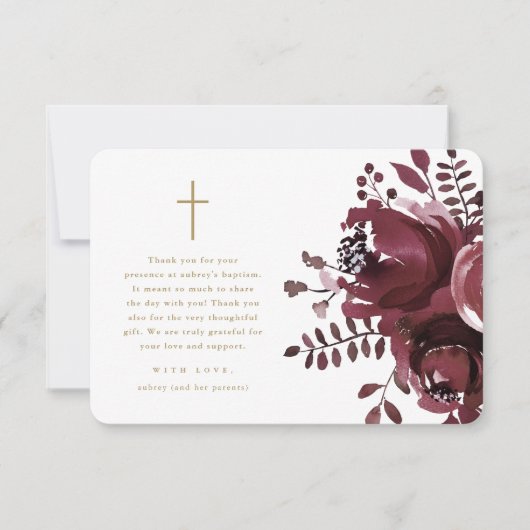 Mooie Bourgondische bloemenkruis doop Dank u Bedankkaart (Voorkant)