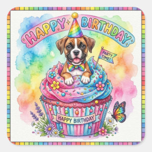 Mooie Boxer Puppy Gefeliciteerd Verjaardag Cupcake Vierkante Sticker