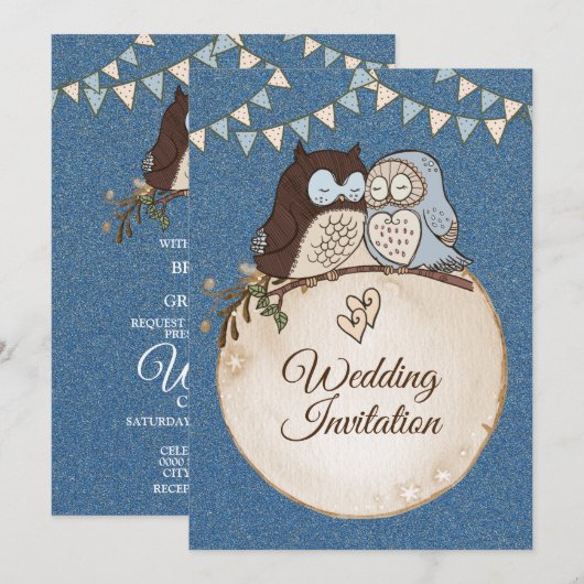 Mooie bruiloft Blue Brown Owl Glitter Kaart (Voorkant / Achterkant)
