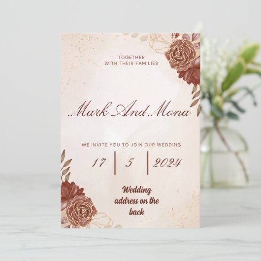 Mooie bruine bruiloft uitnodiging (Staand voorkant)