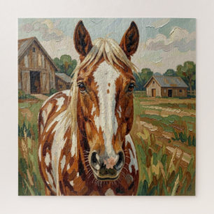 Mooie bruine en witte paard op een rustieke boerde legpuzzel