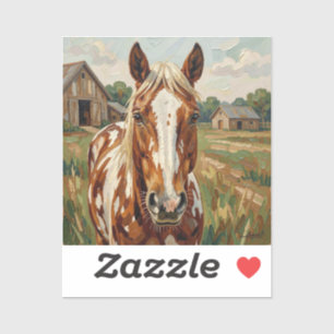 Mooie bruine en witte paard op een rustieke boerde sticker