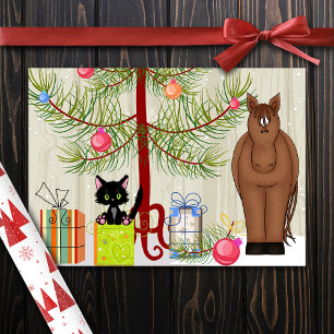 Mooie bruine paard en katten schuur Kerstmis Feestdagen Kaart