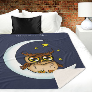 Mooie bruine uil halve maan sterren blauw sherpa deken