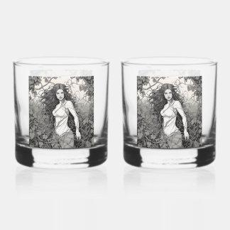 Mooie brunette vrouw in wijnstokken tekening whisky glas