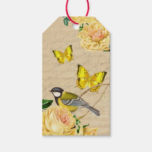 Mooie  cadeau labels met vogel en rozen cadeaulabel (Voorkant)
