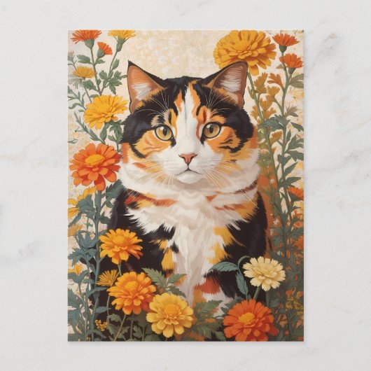 Mooie Calico kat met goudsbloem bloemen Briefkaart (Voorkant)