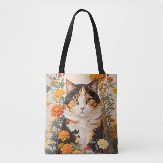 Mooie Calico kat met goudsbloem bloemen Draagtas (Voorkant)