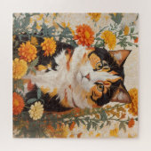 Mooie Calico kat met goudsbloem bloemen Legpuzzel (Horizontaal)