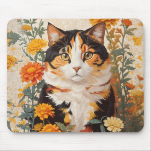 Mooie Calico kat met goudsbloem bloemen Muismat