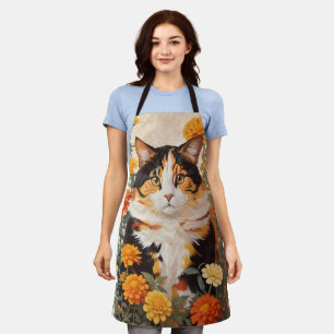 Mooie Calico kat met goudsbloem bloemen Schort