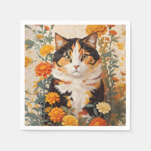 Mooie Calico kat met goudsbloem bloemen Servet