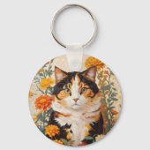 Mooie Calico kat met goudsbloem bloemen Sleutelhanger (Achterkant)