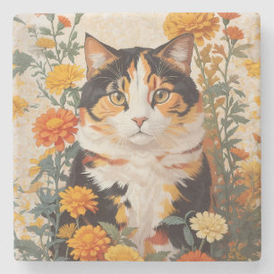 Mooie Calico kat met goudsbloem bloemen Stenen Onderzetter