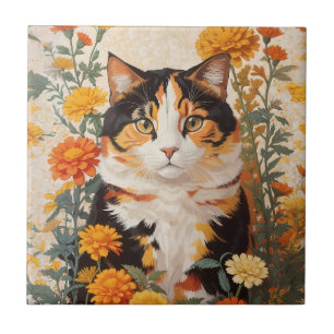 Mooie Calico kat met goudsbloem bloemen Tegeltje