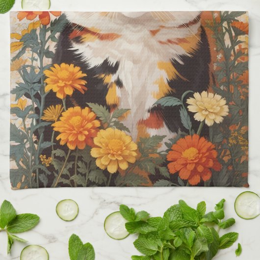 Mooie Calico kat met goudsbloem bloemen Theedoek (Gevouwen)