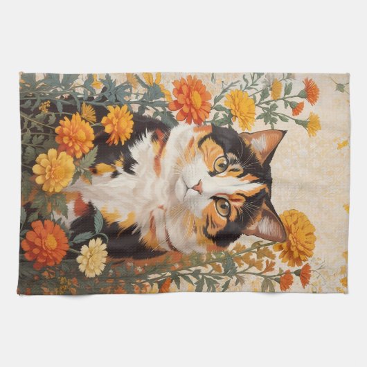 Mooie Calico kat met goudsbloem bloemen Theedoek (Horizontaal)