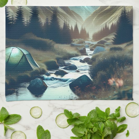 Mooie camping met bergen en tenten theedoek (Gevouwen)