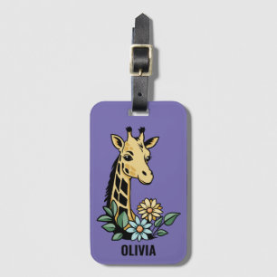 Mooie Cartoon Giraffe En Bloemen Custom Bagagelabel