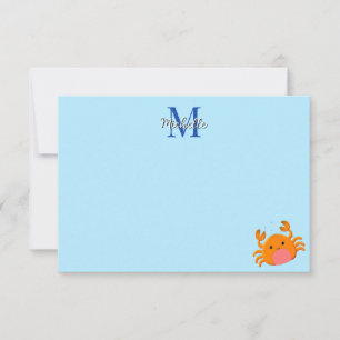 Mooie Cartoon Krab Blauwe Oceaan Lijnen Aangepast Notitiekaartje