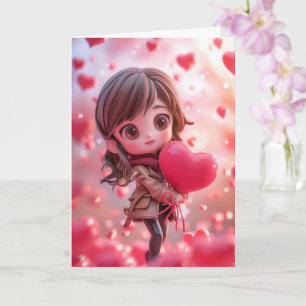 Mooie Chibi-vrouw met een Hart vasthoudend Kaart
