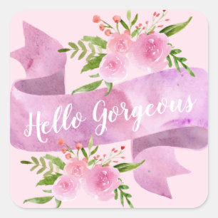 Mooie Chic Bloemige Roze Hallo Prachtig Vierkante Sticker
