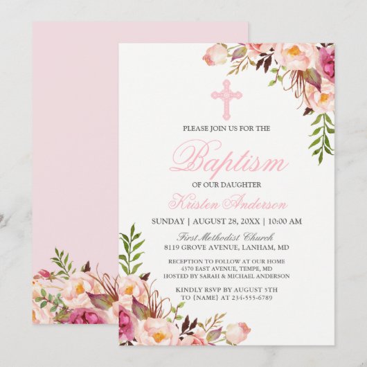 Mooie Chic Pink Floral Baptism Kaart (Voorkant / Achterkant)