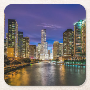 Mooie Chicago River bij zonsondergang, Illinois Vierkante Kartonnen Onderzetter