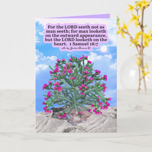 Mooie Cholla Cactus Schrift 1 Samuel 16:7 Kaart (Gele Bloem)