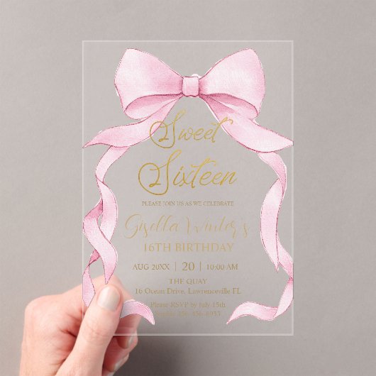 Mooie Coquette Roze Ribbon Bows Sweet 16 Verjaarda Acryl Uitnodigingen (Insitu (Draagbaar))