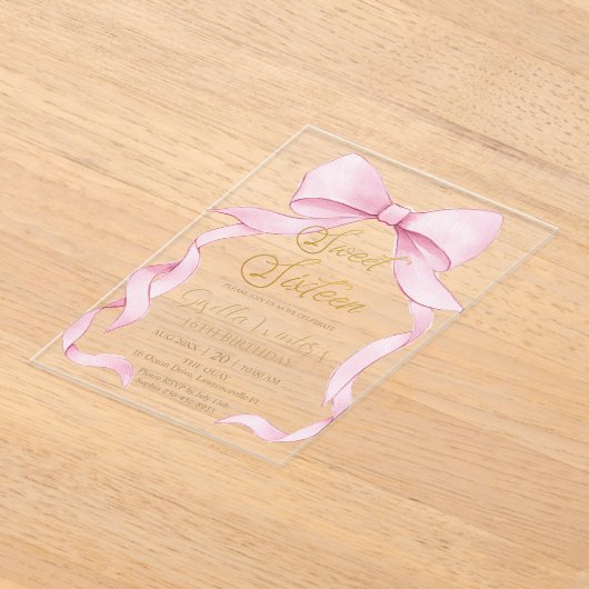 Mooie Coquette Roze Ribbon Bows Sweet 16 Verjaarda Acryl Uitnodigingen (Laagn)